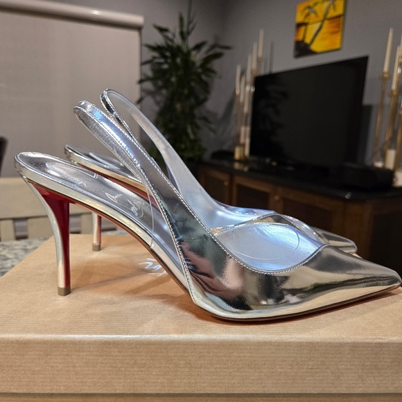 NEW Christian Louboutin Posticha 80mm Metallic Leather Slingback Size 37 - Picture 8 of 15